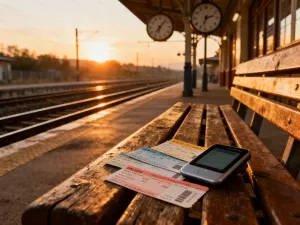 Nowoczesny pociąg i zabytkowy samochód na tle malowniczego, jesiennego lasu, ilustrujące wybór środka transportu w podróży.