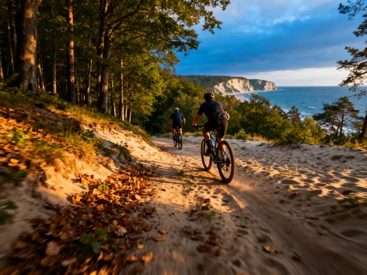 Rowerzyści pokonujący leśny i szutrowy odcinek trasy Velo Baltica
