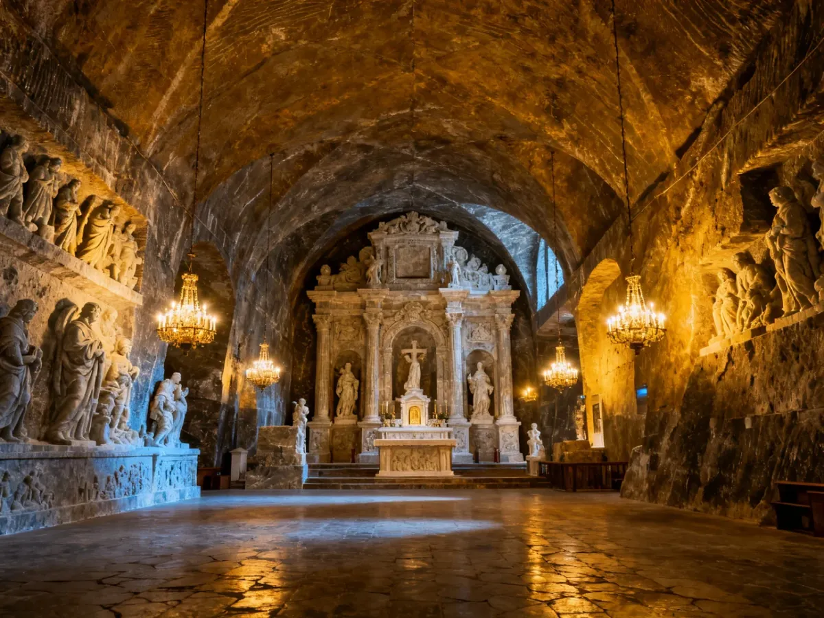 Monumentalna podziemna kaplica św. Kingi w kopalni soli w Wieliczce