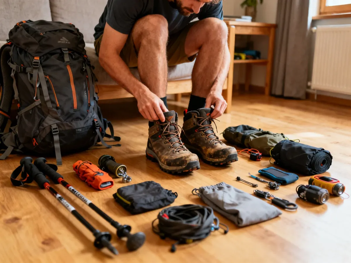 Przygotowania do długiej wędrówki z plecakiem i butami trekkingowymi