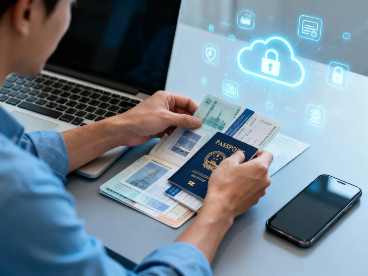 Podróżnik zabezpieczający cyfrowe kopie dokumentów na laptopie i smartfonie