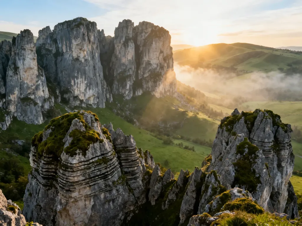 Malownicze formacje wapienne na Jurze Krakowsko-Częstochowskiej w porannym świetle, ukazujące naturalne warstwy geologiczne.