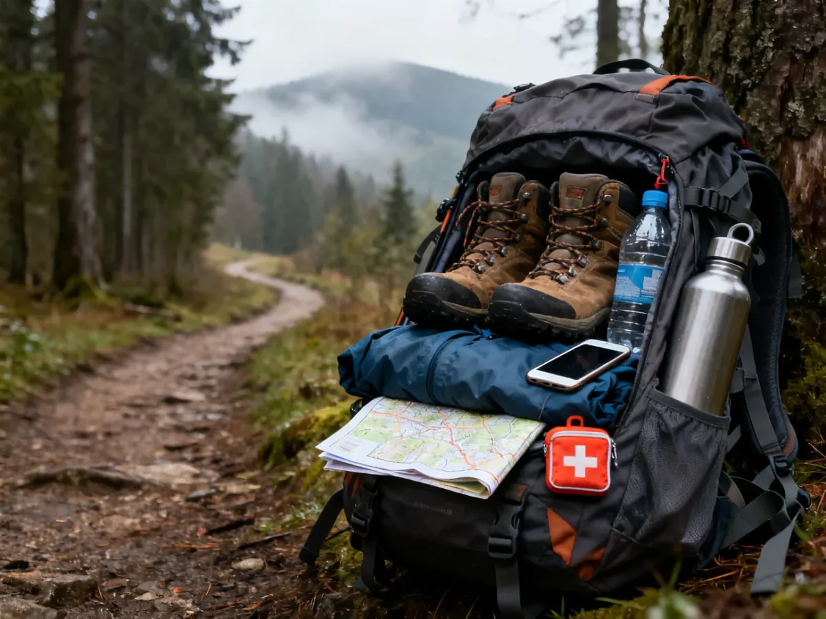 Hiking backpack with essential equipment beside a mountain trail