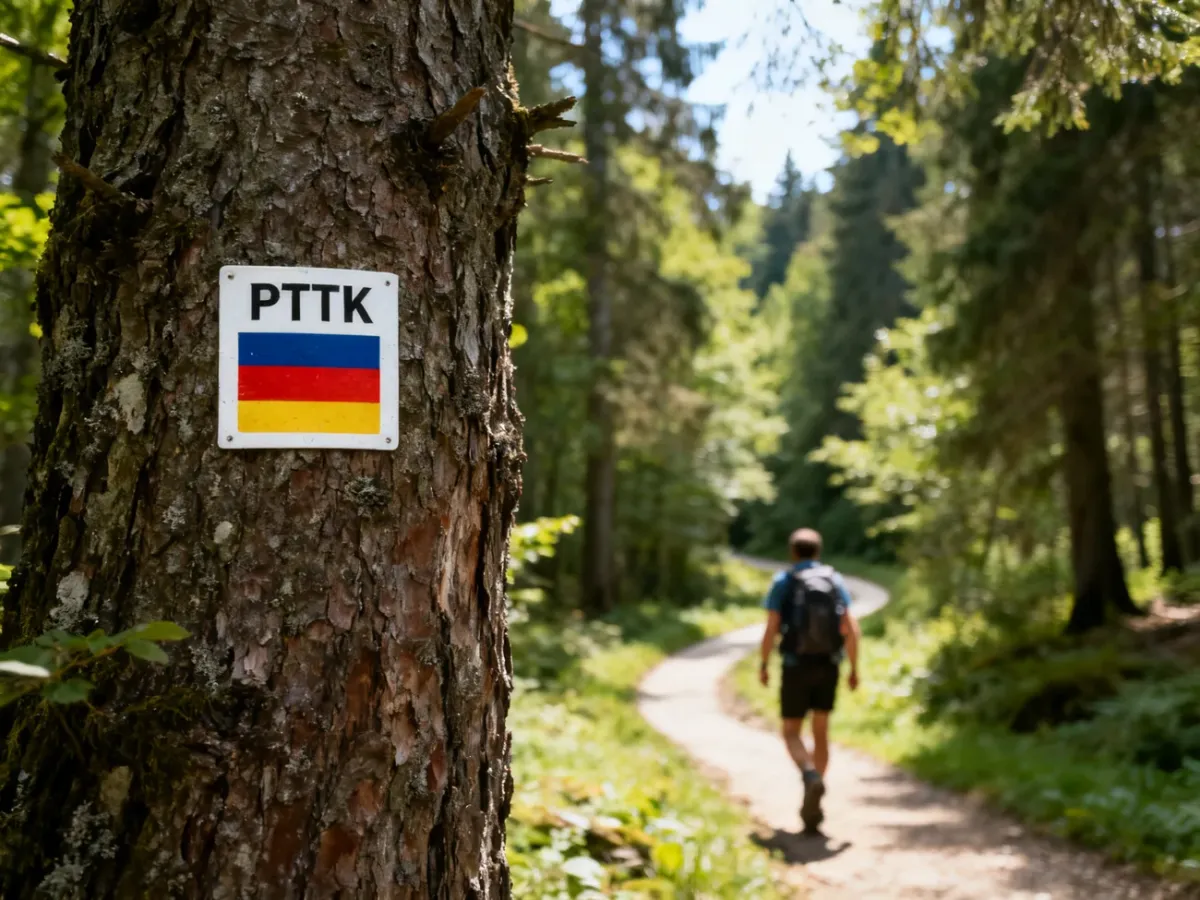 Turysta na leśnym szlaku obok kolorowego oznaczenia PTTK na drzewie