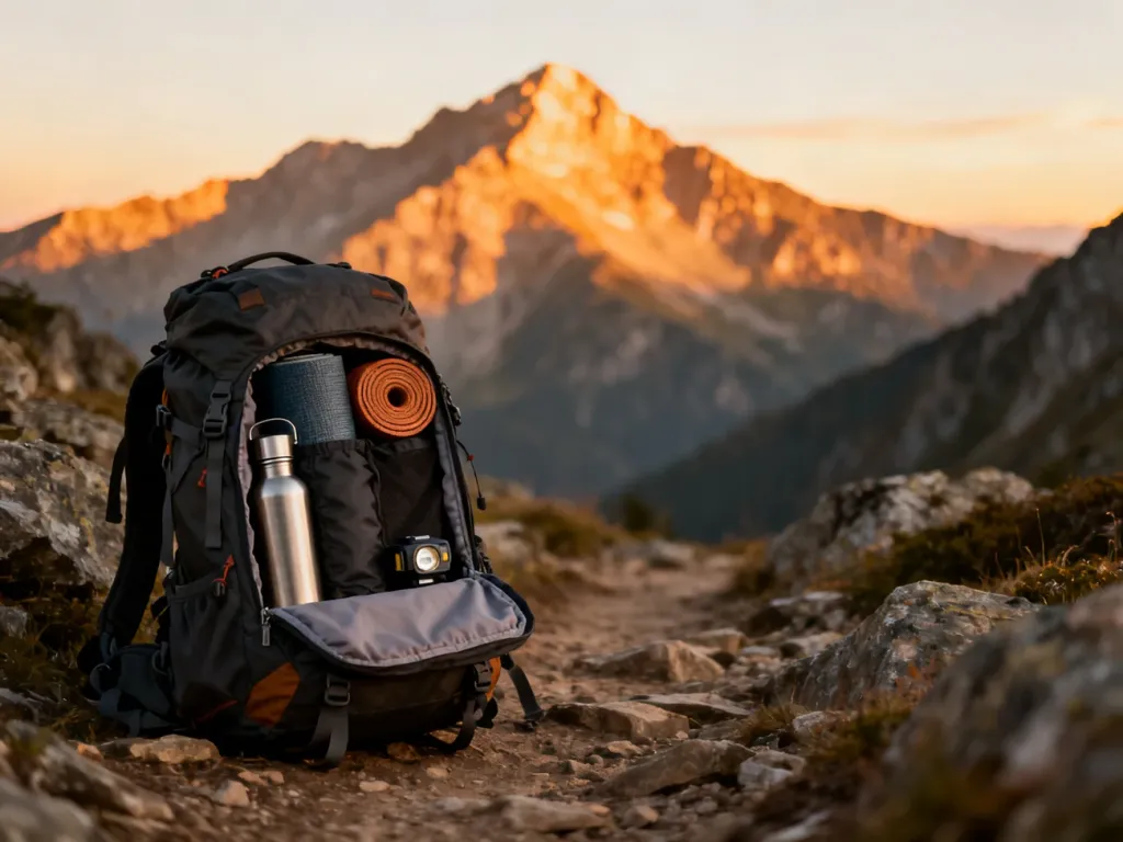 Profesjonalny plecak trekkingowy z ekwipunkiem na górskim szlaku o zachodzie słońca. Przygotowanie do wielodniowej wyprawy.