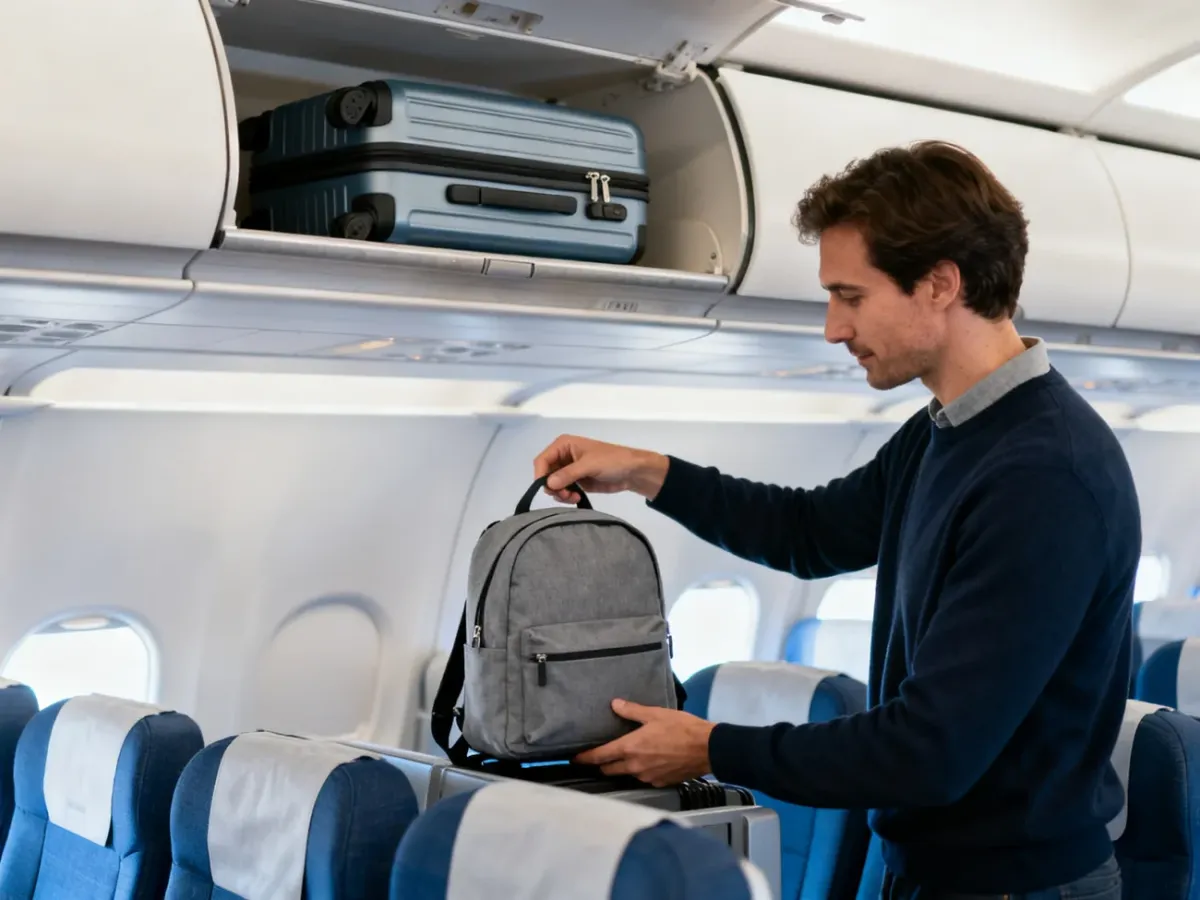 Pasażer przy stanowisku odlotów z plecakiem i walizką kabinową