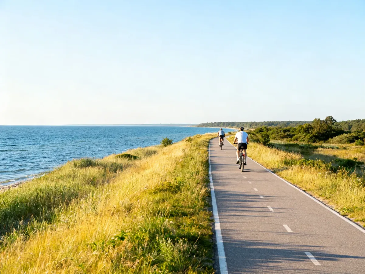 Rowerzyści na ścieżce rowerowej Półwyspu Helskiego między zatoką a morzem
