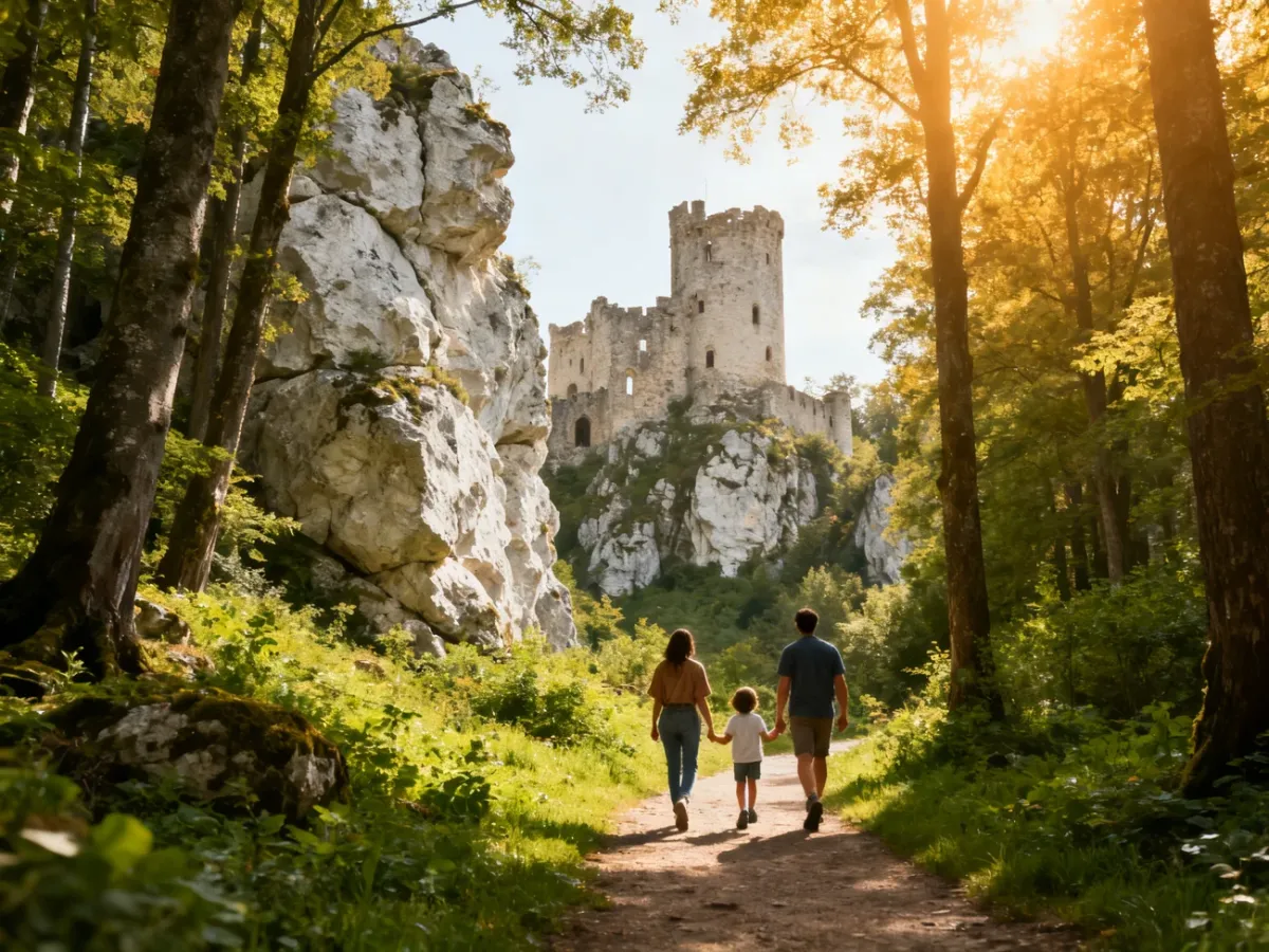 Rodzina spacerująca łatwym szlakiem wśród jurajskich skał i ruin zamku