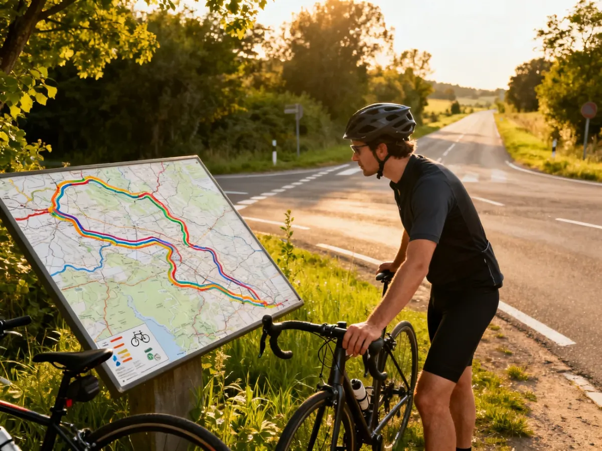 Rowerzysta analizujący mapę tras przy skrzyżowaniu