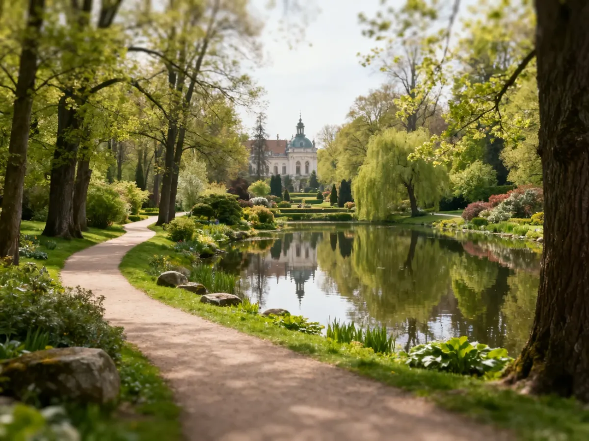 Zielona aleja i staw w Parku Oliwskim