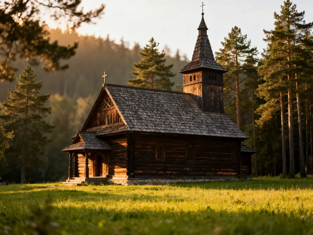 Zabytkowy drewniany kościół z gontowym dachem, otoczony zieloną łąką i lasem w promieniach zachodzącego słońca.