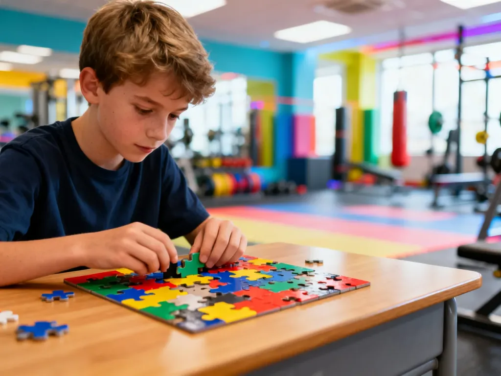 Chłopiec skupiony na układaniu puzzli na tle nowoczesnej siłowni, co ilustruje związek między aktywnością a koncentracją.