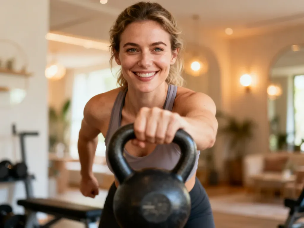 Uśmiechnięta kobieta ćwicząca z kettlebellem w przytulnym, kameralnym studiu fitness, sprzyjającym bezstresowym treningom.