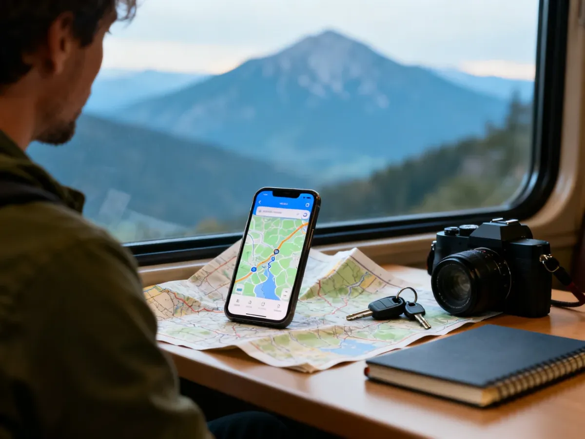 Planowanie objazdowej trasy z mapą, telefonem i akcesoriami podróżnymi