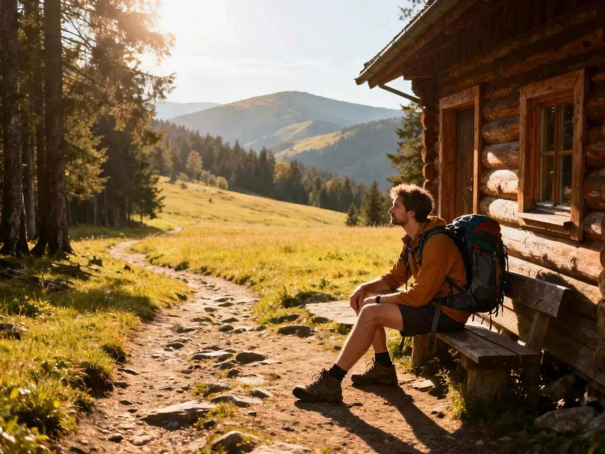 Hiker resting near a mountain shelter in the Beskids