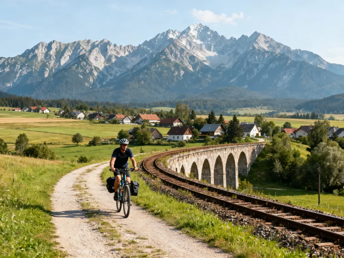 Rowerzysta na szlaku wokół Tatr z panoramą gór i dawnym nasypem kolejowym