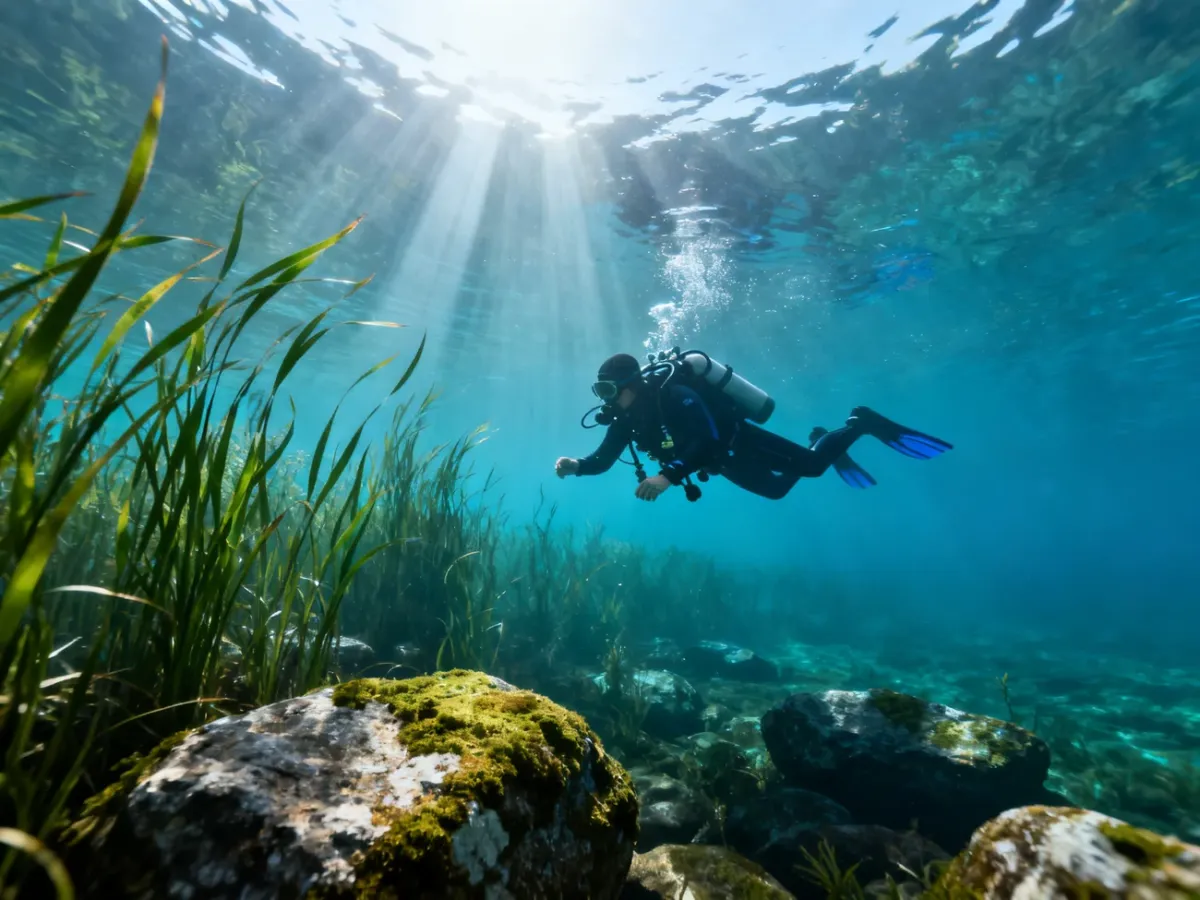 Scuba diver exploring the clear underwater landscape of a Masurian lake