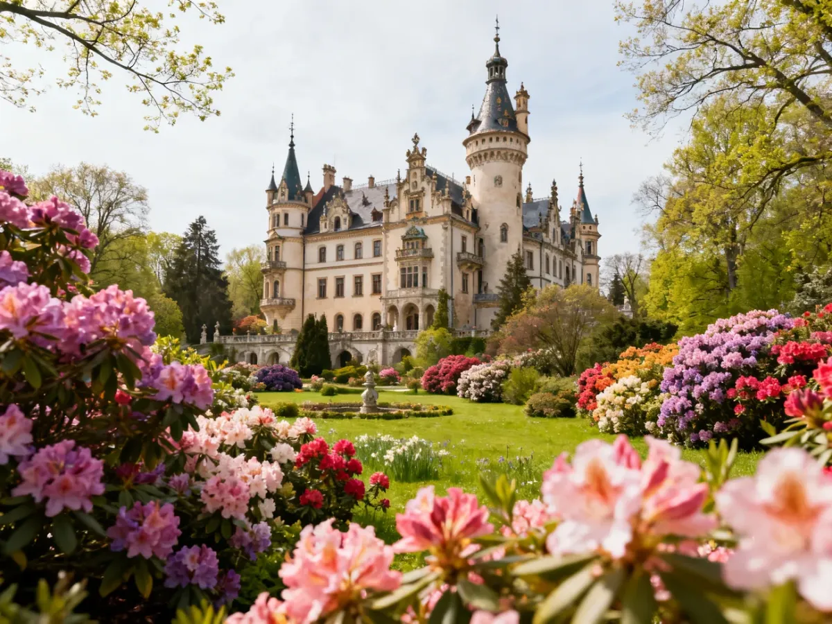 Moszna Palace rising above a flowering garden