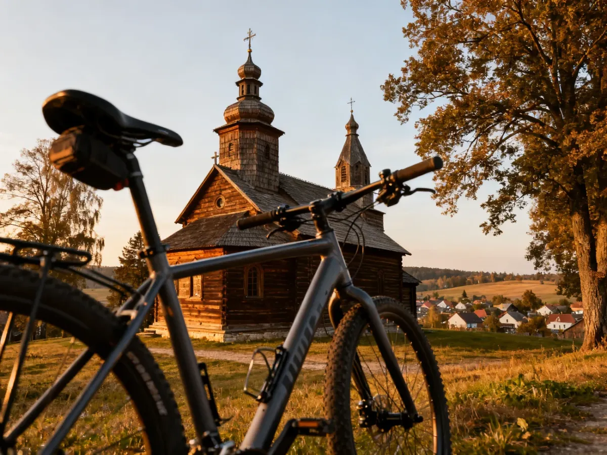 Rowerzysta odpoczywający przy zabytkowej drewnianej cerkwi