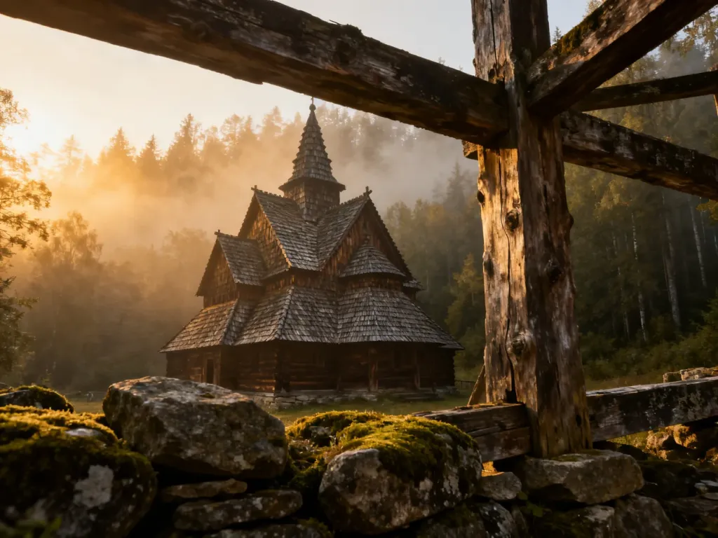 Zabytkowy drewniany kościół z misternym dachem, otoczony mglistym lasem w świetle wschodzącego słońca.