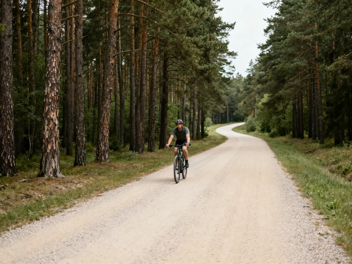 Rowerzysta na szerokiej szutrowej drodze w Borach Tucholskich