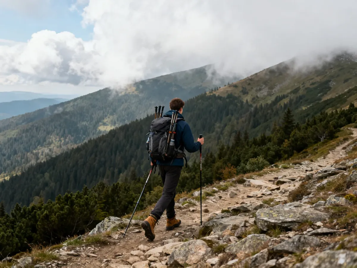 Hiker prepared for changing weather on an exposed Beskid trail