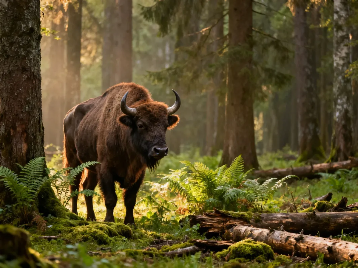 Żubr stojący w naturalnym lesie Puszczy Białowieskiej