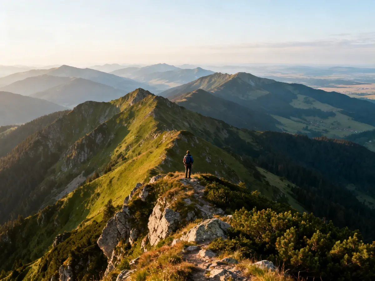 Turysta na szczycie z panoramą polskich gór
