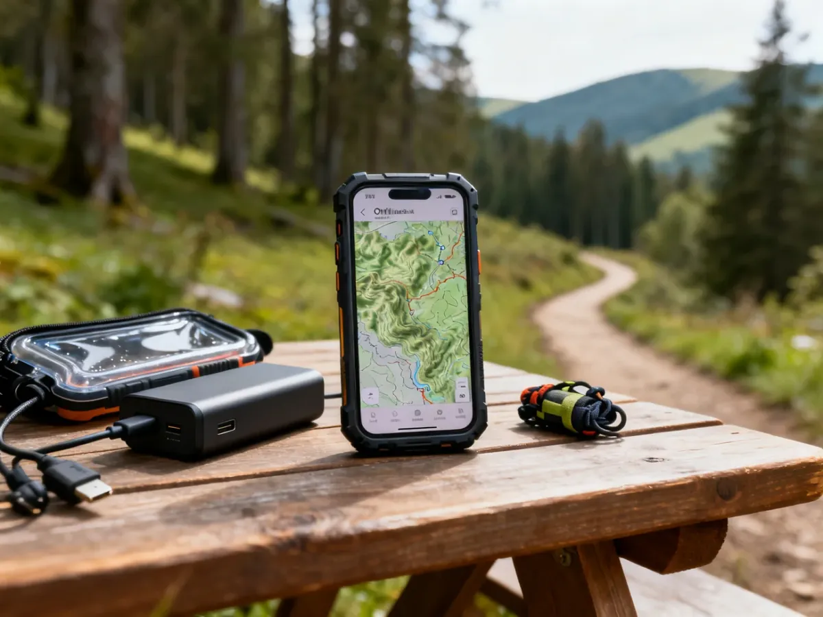 Smartfon z mapą offline, powerbankiem i zabezpieczeniem do wyprawy terenowej