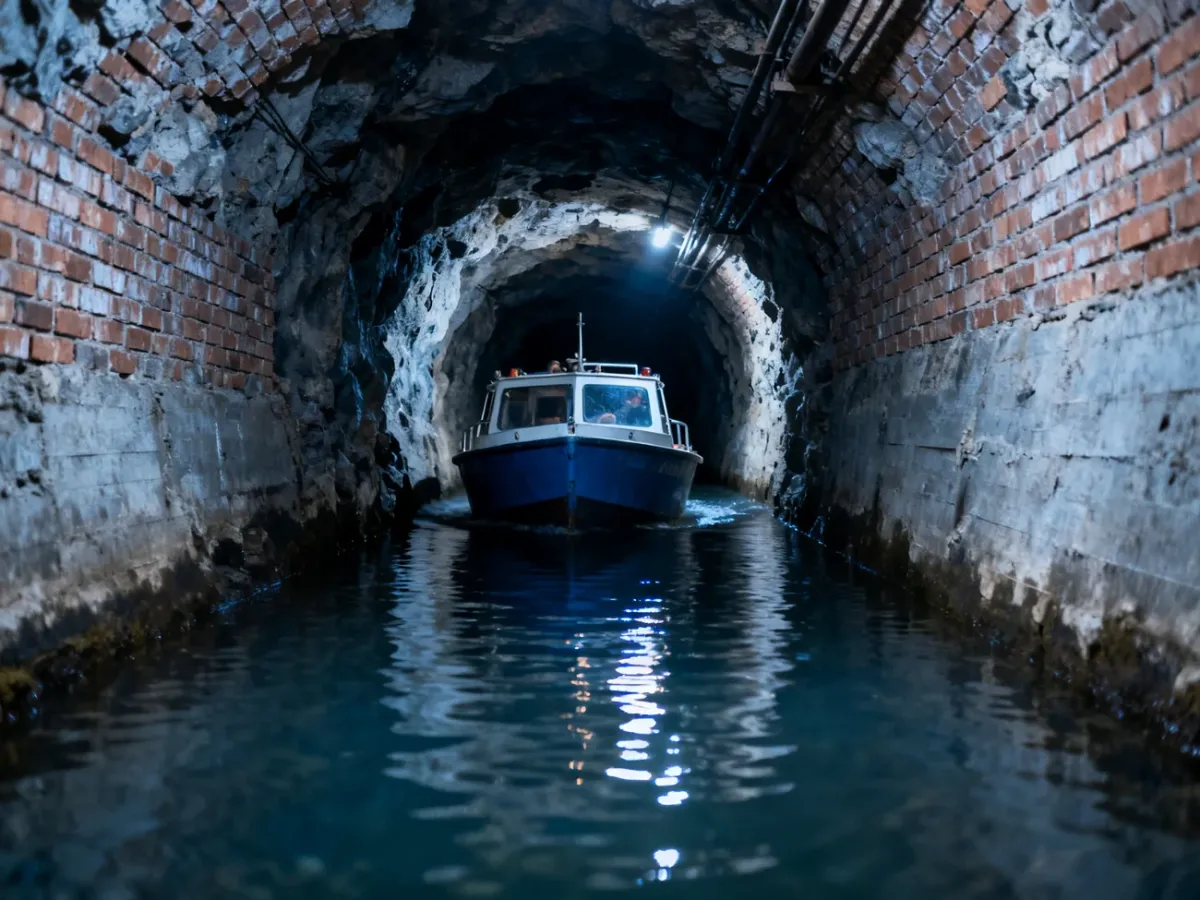 Łódź płynąca przez podziemny tunel Sztolni Królowa Luiza
