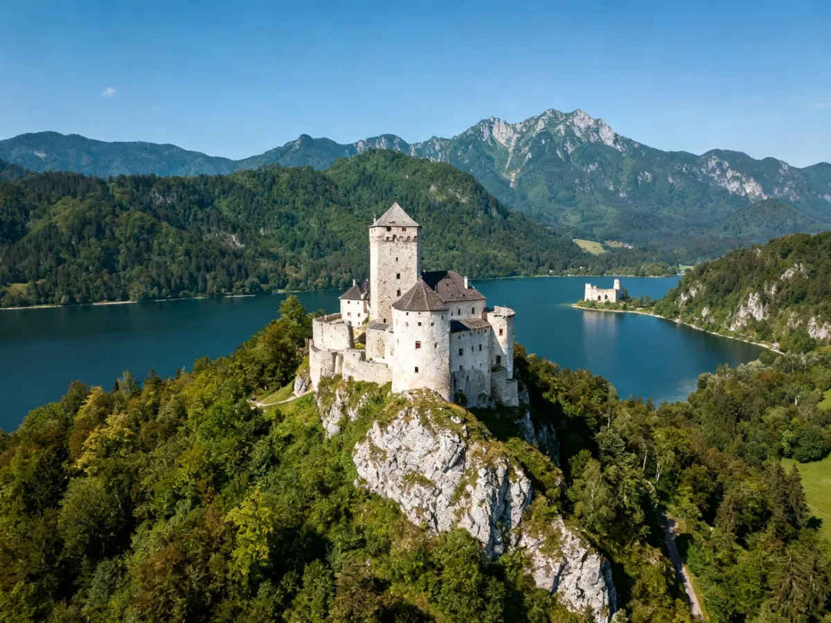 Dunajec Castle overlooking Lake Czorsztyńskie and the Pieniny mountains