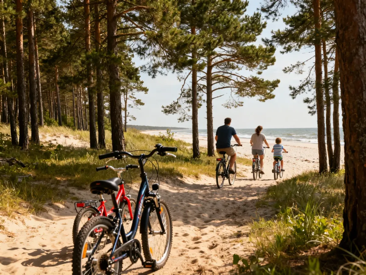 Rodzina jadąca rowerami leśną trasą na Mierzei Wiślanej
