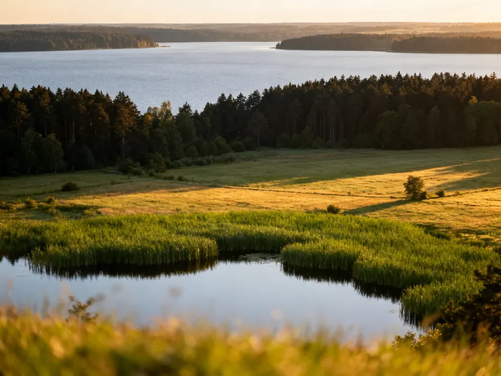Porównanie spokojnego jeziora wielkopolskiego z trzcinami oraz rozległego, otoczonego lasami jeziora mazurskiego.