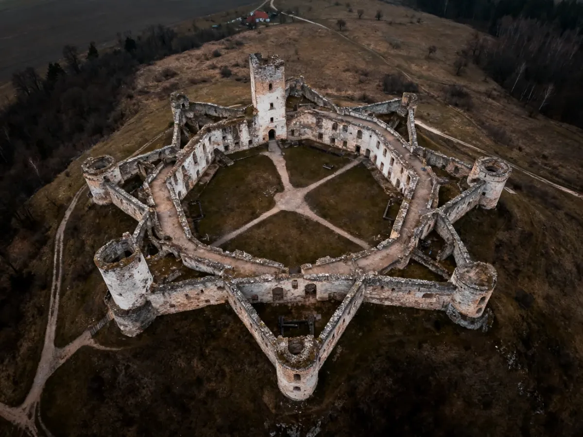 Aerial view of the star-shaped Krzyżtopór ruins