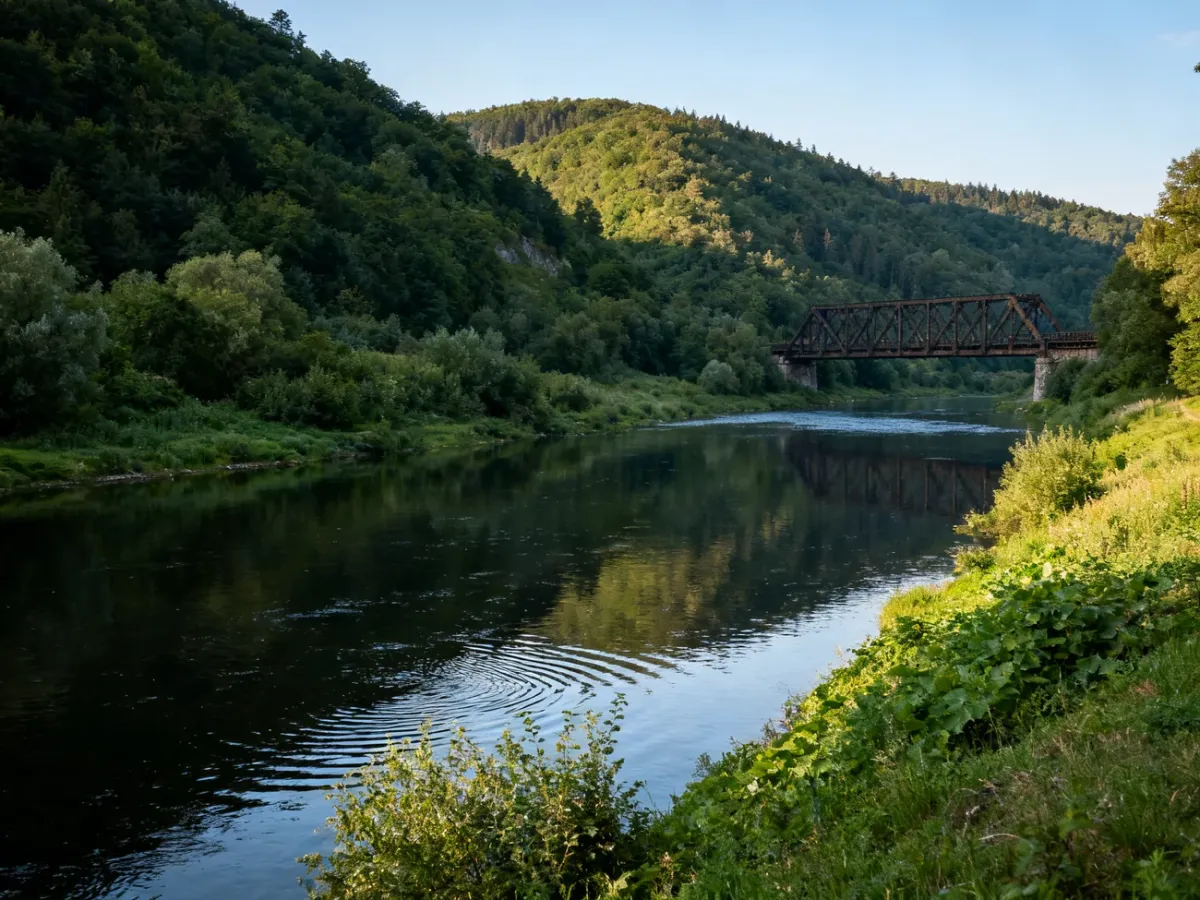 Dolina Bobru z rzeką, zalesionymi wzgórzami i zabytkowym mostem kolejowym