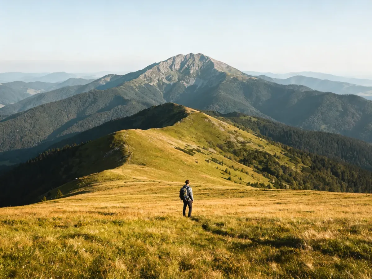 Turysta na widokowej hali w Beskidzie Żywieckim z panoramą gór