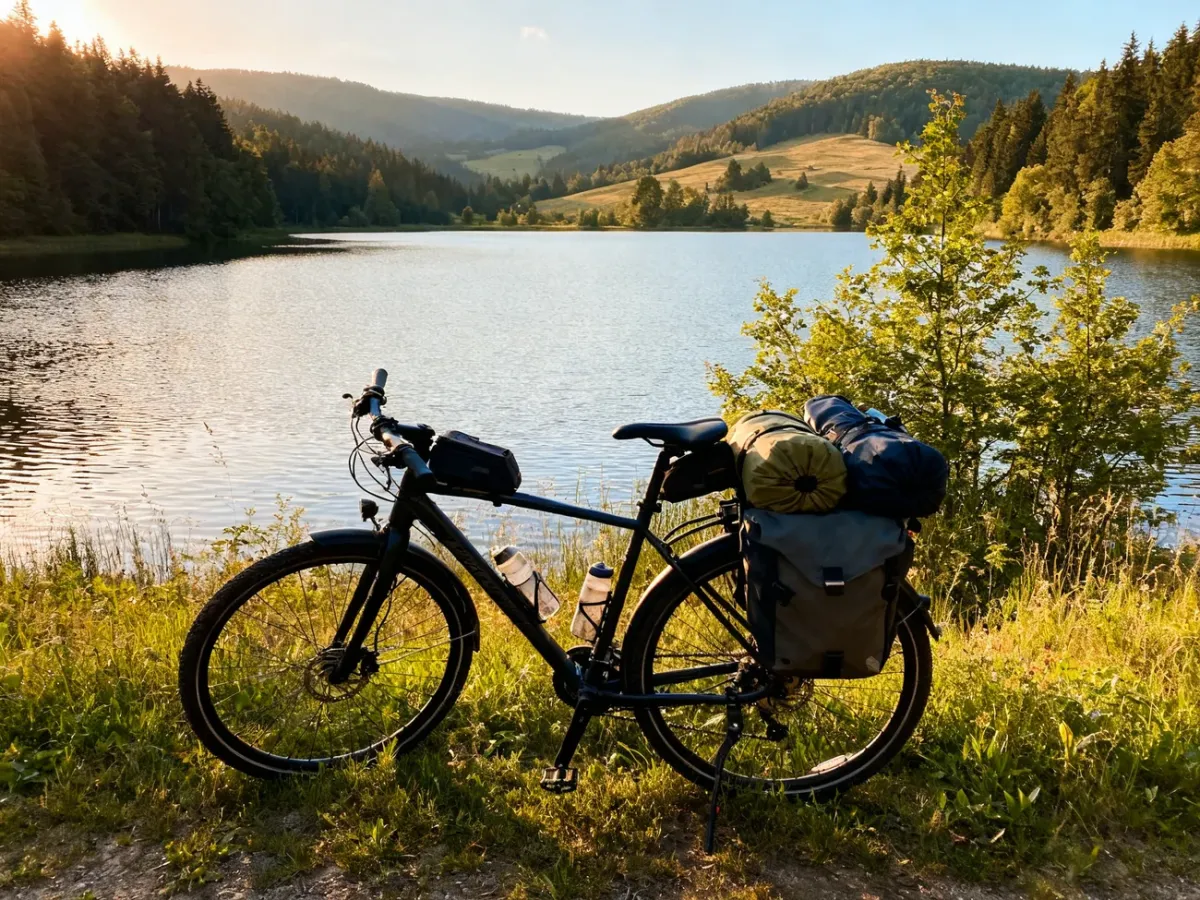 Rower trekkingowy na tle jezior i lasów jednego z regionów Green Velo