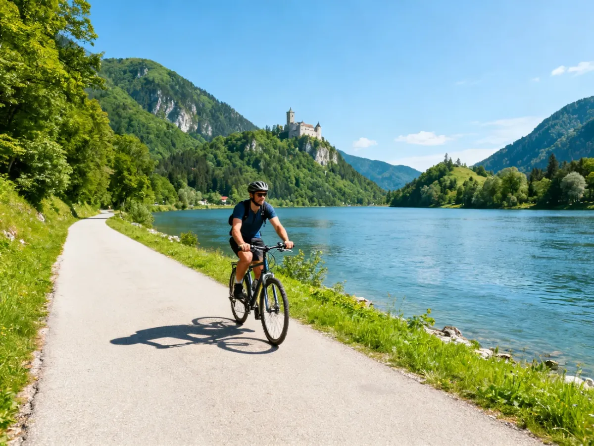 Rowerzysta na trasie Velo Dunajec nad rzeką z widokiem na góry i jezioro