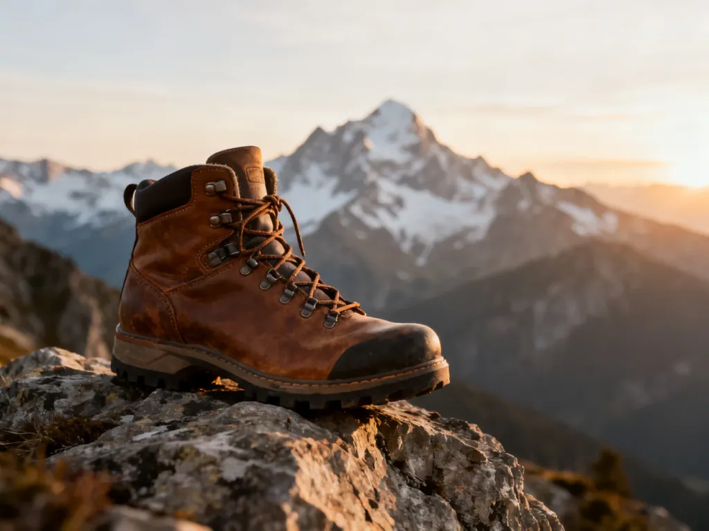 Wysokiej jakości but trekkingowy na górskiej skale z panoramą ośnieżonych szczytów w tle, symbolizujący przygotowanie do wyprawy.