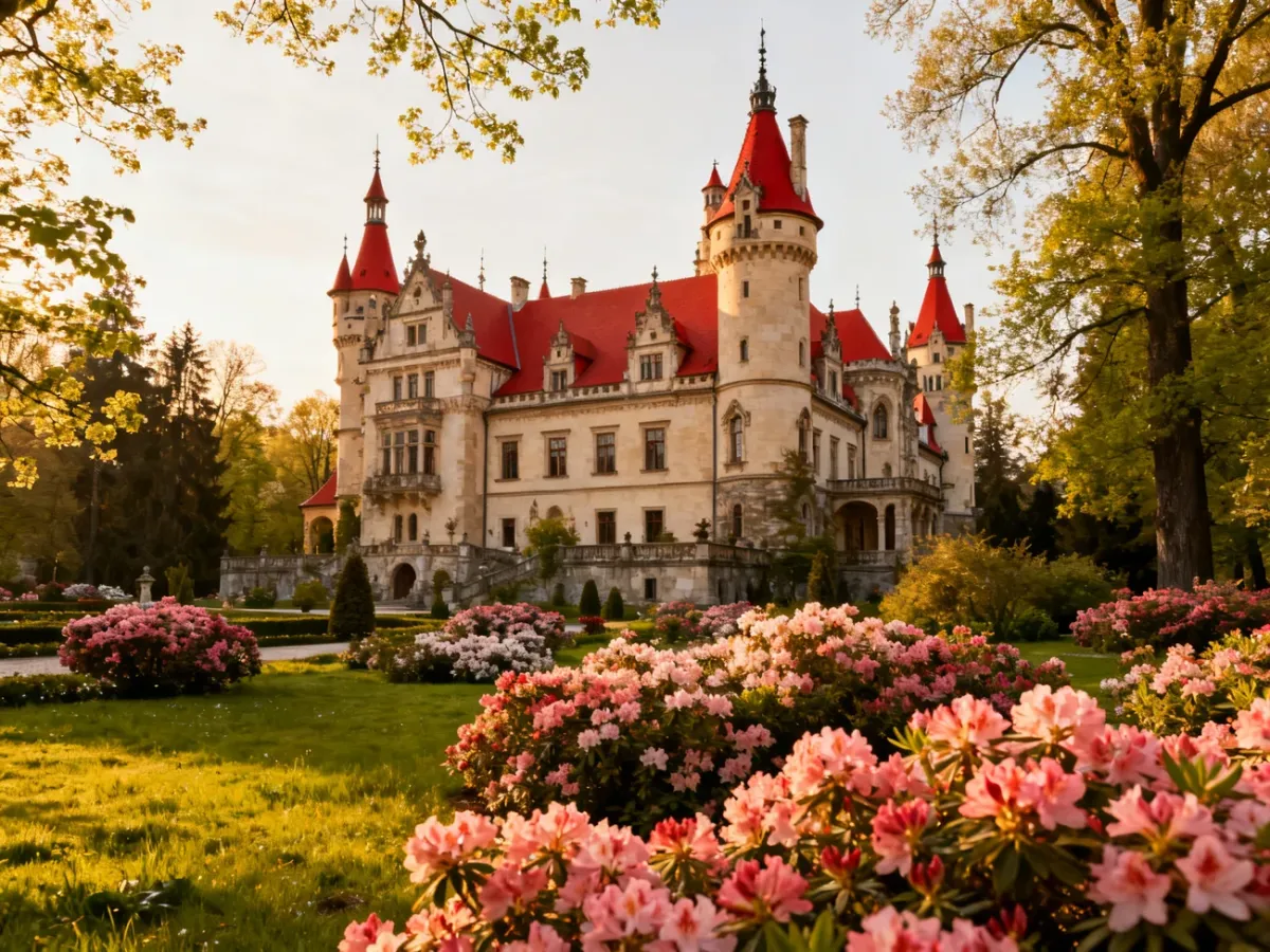 Bajkowy pałac w Mosznej z licznymi wieżami i kwitnącymi azaliami