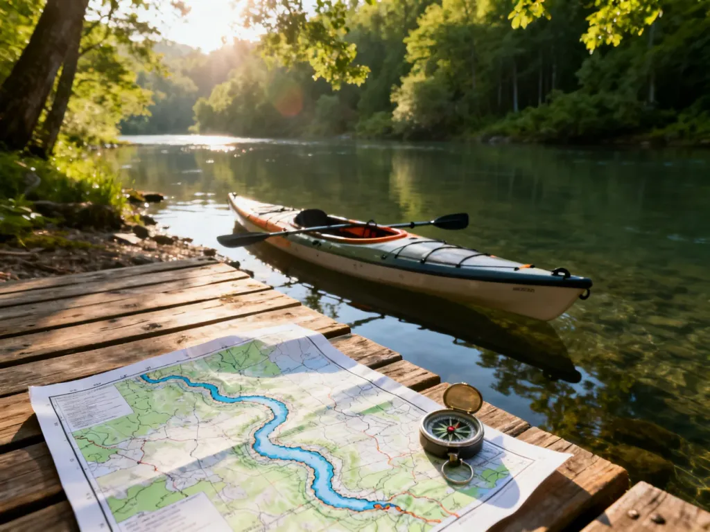 Kajak przy brzegu rzeki, mapa i kompas na drewnianym pomoście, przygotowane do planowania spływu kajakowego.