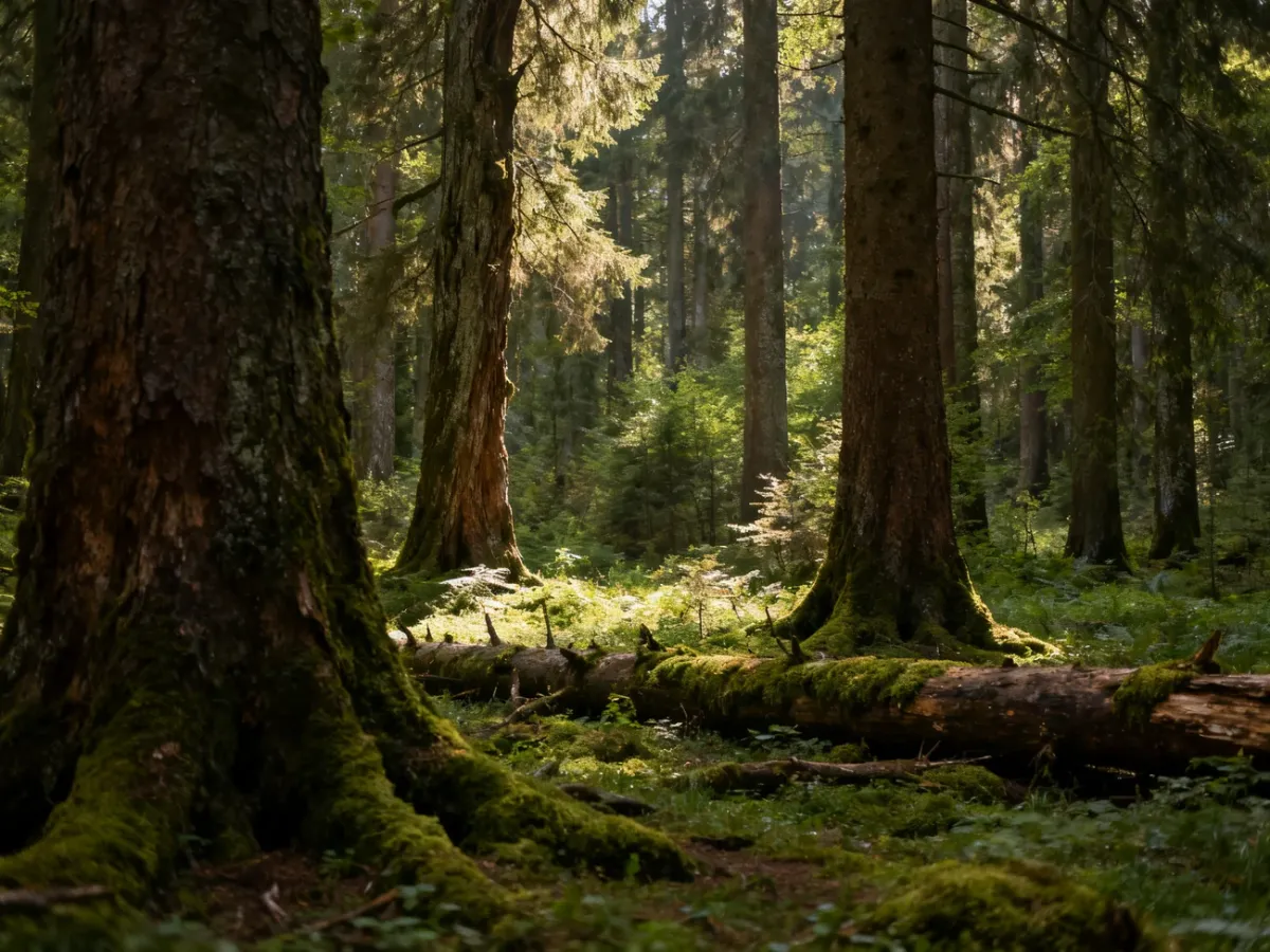 Stary, naturalny las z omszałymi pniami i bujnym runem