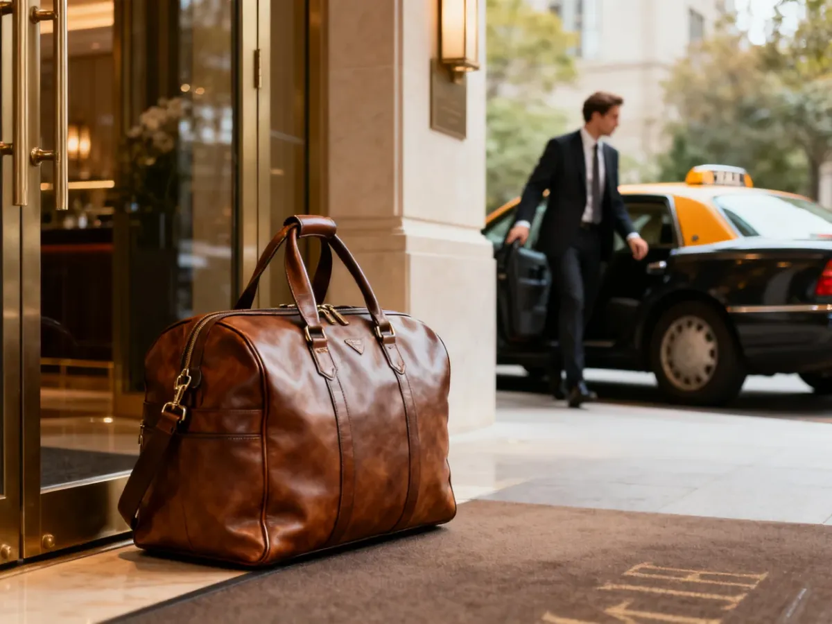 Elegancka torba podróżna przy wejściu do hotelu