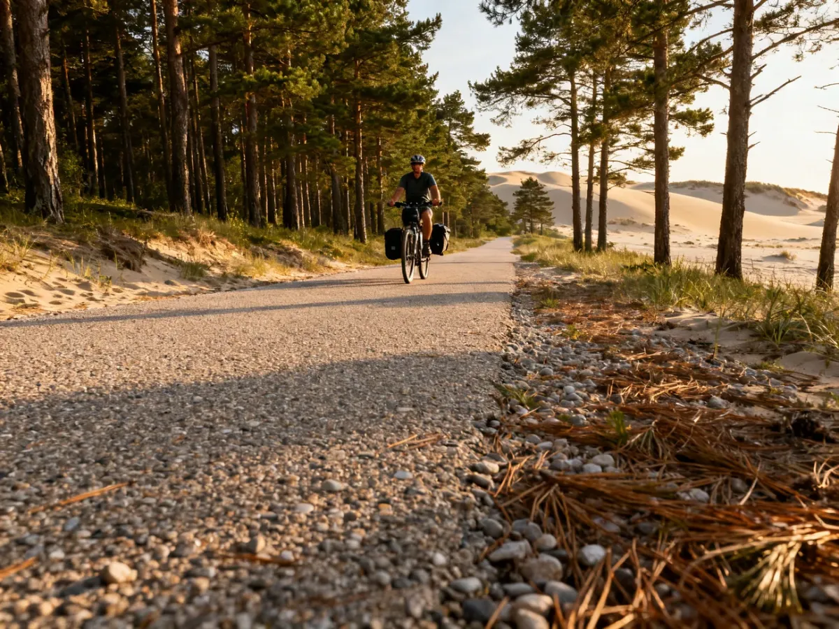 Rowerzysta na leśnym szlaku szutrowym Mierzei Wiślanej