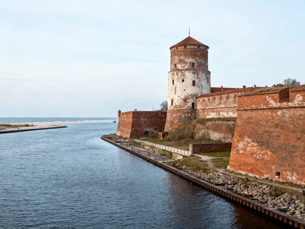 Twierdza Wisłoujście z cylindryczną wieżą nad wodą