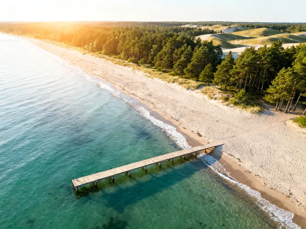 Piaszczysta plaża nad Bałtykiem z drewnianym molo, otoczona wydmami i lasem sosnowym w promieniach porannego słońca.