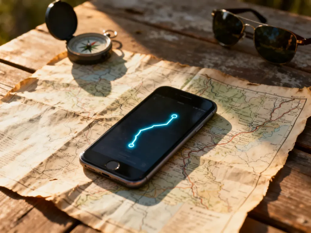 Stara papierowa mapa z położonym na niej smartfonem z włączoną nawigacją GPS na drewnianym stole.