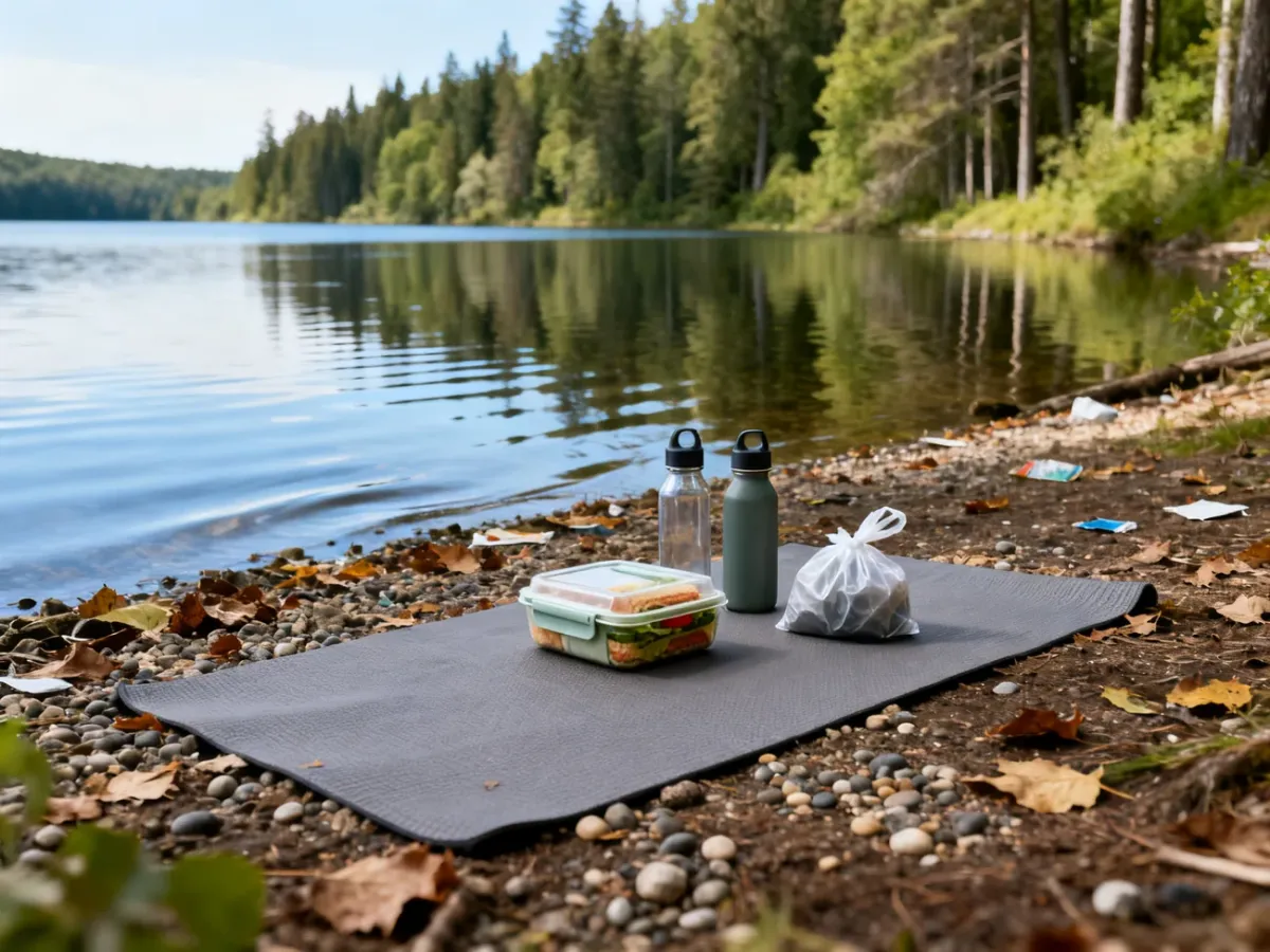Eco-friendly picnic supplies beside a clean forest lake