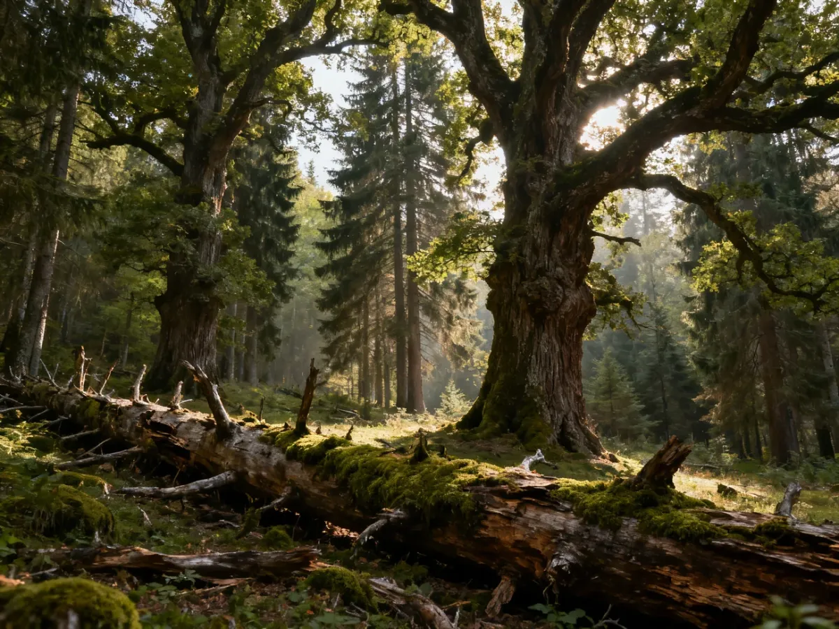 Naturalny starodrzew Puszczy Białowieskiej z powalonymi pniami