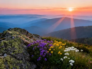 Profesjonalny plecak trekkingowy z ekwipunkiem na górskim szlaku o zachodzie słońca. Przygotowanie do wielodniowej wyprawy.